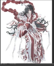  1boy aqua_eyes black_hair chinese_clothes commentary_request dragon_horns e.g.o_(project_moon) eastern_dragon_horns hagoromo hanfu highres hong_lu_(project_moon) horns limbus_company long_hair ondoiro open_mouth project_moon shawl simple_background smile solo tears_of_the_tarnished_blood_(e.g.o) very_long_hair white_background white_hanfu white_horns wings 