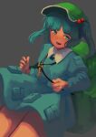  1girl backpack bag bangs blue_eyes blue_hair blue_shirt blue_skirt collared_shirt commentary_request cowboy_shot flat_cap fujimi_nao green_headwear grey_background hair_bobbles hair_ornament hat highres kawashiro_nitori key key_necklace long_sleeves looking_at_viewer medium_hair open_mouth pocket shirt simple_background skirt skirt_set smile solo touhou two_side_up 
