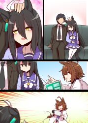  1boy 2girls agnes_tachyon_(umamusume) black_hair black_jacket black_necktie black_pants blush bow brown_hair camera closed_eyes collared_shirt commentary computer hair_between_eyes hand_on_another's_head highres holding holding_camera holding_laptop jacket lab_coat laptop long_hair long_sleeves manhattan_cafe_(umamusume) multiple_girls necktie no_shoes open_mouth pants pantyhose pleated_skirt purple_sailor_collar purple_shirt purple_skirt sailor_collar school_uniform shirt short_hair sitting skirt smile stethoscope tracen_school_uniform trainer_(umamusume) umamusume white_bow white_pantyhose white_shirt yellow_eyes yonedatomo_mizu |_| 