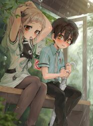  1boy 1girl adjusting_hair arms_behind_head arms_up belt belt_buckle black_belt black_hair blush bow bowtie breast_pocket breasts buckle bus_stop bus_stop_shelter collared_shirt commentary_request dress flat_chest gakuseibou gradient_hair hair_lift hair_ornament hair_tie hair_tie_in_mouth hairdressing hanako_(jibaku_shounen_hanako-kun) hand_in_own_hair hands_in_own_hair hat highres holding holding_own_hair holding_umbrella jibaku_shounen_hanako-kun korean_commentary long_hair looking_at_another looking_at_viewer magatama magatama_hair_ornament mouth_hold multicolored_hair necktie object_in_pocket orange_eyes outdoors pants pantyhose pen pocket ponytail ra_zmb red_eyes sailor_collar sailor_dress school_uniform shirt short_hair short_sleeves small_breasts striped_bow tying_hair umbrella very_long_hair water_drop wet wet_clothes white_hair yashiro_nene 