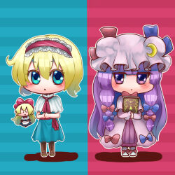 2girls alice_margatroid blonde_hair blue_bow blue_dress blue_eyes blunt_bangs blush book boots bow brown_boots capelet chibi chibi_only commentary_request crescent crescent_hat_ornament doll dress full_body hair_bow hairband hat hat_ornament holding holding_book lace-trimmed_hairband lace-up_boots lace_trim long_hair long_sleeves looking_at_viewer mob_cap multiple_girls nanai07 open_mouth outline own_hands_together patchouli_knowledge pink_dress pink_hat purple_dress purple_hair red_bow red_hairband red_scarf scarf shanghai_doll shoes short_hair standing striped_clothes striped_dress touhou very_long_hair violet_eyes white_capelet white_outline white_shoes 
