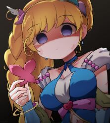  1girl arm_warmers asahina_mirai blonde_hair blue_arm_warmers blue_choker braid breasts bruise bruise_on_face choker cure_miracle cure_miracle_(sapphire_style) diamond-shaped_brooch diamond_brooch earrings empty_eyes folded_braid gyaheung hat hat_ornament heart heart_hat_ornament holding injury jewelry large_breasts long_hair magical_girl mahou_girls_precure! mini_hat mini_witch_hat navel pink_hat precure simple_background violet_eyes wide_ponytail witch_hat 