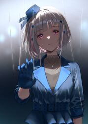  1girl absurdres awoke_(love_live!) belt blue_belt blue_gloves blue_hat blue_jacket closed_mouth colored_inner_hair commentary_request diagonal_bangs diamond_hair_ornament enu_illustip gloves grey_hair hat highres jacket jewelry link!_like!_love_live! looking_at_viewer love_live! mini_hat multicolored_hair necklace red_eyes red_hair short_hair solo streaked_hair upper_body yugiri_tsuzuri 