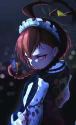  1girl absurdres ahoge black_halo black_jacket blue_archive braid commentary dark dragon_print eyelashes floating_hair floral_print floral_print_jacket from_behind hair_between_eyes halo highres huge_ahoge id_card jacket long_sleeves looking_at_viewer looking_back maid maid_headdress medium_hair migeru690 millennium_science_school_logo mole mole_under_each_eye mole_under_eye multiple_moles neru_(blue_archive) orange_hair parted_lips print_jacket red_eyes short_eyebrows single_braid slit_pupils solo sukajan tsurime upper_body white_sleeves 