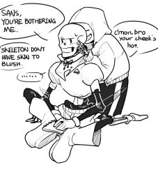  2019 2boys 2d armor black_shorts blush boots brothers cape comic digital_media drawstring duo english_text full_body gloves holding holding_notepad hollow_eyes hood hood_up hooded_jacket humanoid indian_style jacket kneeling long_sleeves male male_focus male_only monochrome monster monster_boy multiple_boys notepad open_clothes open_jacket papyrus_(undertale) sans_(undertale) segmented_comic shirt shorts siblings simple_background single_vertical_stripe sitting skeleton socks speech_bubble striped_shorts sweat teeth text undead undertale utdr_(toby_fox) veah3 vertical-striped_clothes vertical-striped_shorts white_background white_stripes 