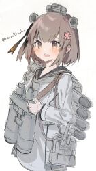  1girl binoculars blue_sailor_collar breasts brown_eyes brown_hair cherry_hair_ornament commentary_request food-themed_hair_ornament hair_ornament headgear highres kantai_collection medium_hair open_mouth sailor_collar sakura-konoha school_uniform serafuku ship_turret simple_background small_breasts solo teeth torpedo torpedo_launcher upper_body upper_teeth_only white_background white_serafuku yukikaze_(kancolle) yukikaze_kai_ni_(kancolle) 