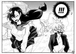  ! !! 1boy 1girl ^^^ black_hair black_jacket blush breasts building closed_eyes clothes_lift cloud_strife cloud_strife_(midgard_seventh_high_school) commentary_request cowboy_shot final_fantasy final_fantasy_vii final_fantasy_vii:_ever_crisis floating_hair full-face_blush gakuran greyscale hair_ornament hair_scrunchie hairclip hands_in_pockets highres jacket large_breasts long_hair long_sleeves looking_at_another low-tied_long_hair monochrome motion_lines neckerchief official_alternate_costume open_clothes open_jacket open_mouth outdoors pleated_skirt sailor_collar school_uniform scrunchie serafuku shikiwo shirt signature skirt skirt_lift spiky_hair surprised tifa_lockhart tifa_lockhart_(midgard_seventh_high_school) tree upper_body white_serafuku white_shirt wind wind_lift 