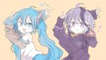  2girls :&gt; :d ahoge arm_up bare_shoulders black_sleeves blue_eyes blue_hair blue_necktie chibi commentary detached_sleeves flower_(vocaloid) flower_(vocaloid4) from_side goodbye_sengen_(vocaloid) hair_ornament hatsune_miku highres hood hooded_jacket jacket long_hair looking_at_viewer multicolored_hair multiple_girls necktie ok_sign open_mouth purple_hair purple_jacket shirt short_hair sketch sleeveless sleeveless_shirt sleeves_past_wrists smile standing streaked_hair twintails upper_body v v-shaped_eyebrows very_long_hair violet_eyes vocaloid white_shirt xxxx_saki yellow_background 