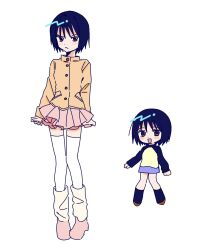  1girl black_eyes black_hair chibi commentary full_body highres jacket long_sleeves loose_socks love_18s2 multiple_views nakahara_misaki nhk_ni_youkoso! open_mouth pleated_skirt raglan_sleeves short_hair skirt smile socks symbol-only_commentary thigh-highs 