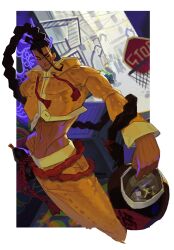  1boy a_tai abs absurdly_long_hair absurdres ahoge belt black_hair border braid braided_ponytail closed_mouth cowboy_shot cropped_jacket dark-skinned_female dark_skin gourd hair_between_eyes hand_on_own_hip highres jacket jamie_siu long_hair male_focus midriff navel pants red_belt road_sign rope_belt sign smile solo stop_sign street_fighter street_fighter_6 very_long_hair white_border yellow_jacket yellow_pants 