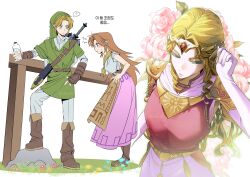  >:( 1boy 2girls :t absurdres aged_up belt blonde_hair blue_eyes boots bottle breasts brown_belt brown_boots brown_hair closed_mouth colored_eyelashes dress elbow_gloves fence fingerless_gloves flower full_body gloves green_tunic hashtag-only_commentary highres holding holding_bottle jewelry knee_boots korean_commentary korean_text link long_hair long_skirt looking_at_another malon milk_bottle multiple_girls pants pink_dress pink_flower pink_rose pink_skirt pointy_ears pout princess_zelda roido_0 rose sheath sheathed short_sleeves sidelocks simple_background skirt small_breasts standing sword sword_on_back the_legend_of_zelda the_legend_of_zelda:_ocarina_of_time translation_request tunic uneven_footing v-shaped_eyebrows weapon weapon_on_back white_background white_gloves white_pants wooden_fence 