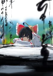  1girl :< absurdres black_eyes black_hair bow calligraphy_brush closed_mouth commentary_request detached_sleeves frilled_bow frilled_hair_tubes frills hair_bow hair_tubes hakurei_reimu highres holding holding_calligraphy_brush holding_paintbrush koukouya long_hair paintbrush red_bow ribbon-trimmed_sleeves ribbon_trim solo touhou translation_request 