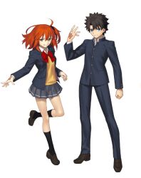 1boy 1girl ahoge black_hair black_jacket black_pants black_socks blue_eyes bow bowtie breast_pocket breasts brown_shoes buttons clenched_hand closed_mouth collared_shirt command_spell fate/grand_order fate_(series) fujimaru_ritsuka_(female) fujimaru_ritsuka_(male) full_body grey_skirt hair_between_eyes hair_ornament hand_up jacket lapels long_sleeves looking_at_viewer medium_breasts miniskirt non-web_source official_alternate_costume official_art open_clothes open_jacket orange_eyes orange_hair pants pleated_skirt pocket red_bow red_bowtie school_uniform shirt shoes short_hair side_ponytail simple_background skirt smile socks souya_high_school_uniform standing standing_on_one_leg sweater_vest teeth tongue tongue_out transparent_background white_shirt yellow_sweater_vest 
