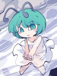  1girl alternate_costume antennae barefoot blush_stickers closed_mouth dress fried_rice0614 green_eyes green_hair highres one-hour_drawing_challenge short_hair solo touhou water white_dress wriggle_nightbug 