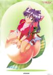  1990s_(style) 1girl bangs breasts company_name dancing_blade food fruit full_body high_ponytail japanese_clothes large_breasts logo long_hair momohime_(dancing_blade) non-web_source official_art peach purple_hair retro_artstyle sitting smile solo tabi violet_eyes wariza wristband 