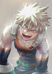  1boy bakugou_katsuki bandaged_arm bandages bare_shoulders black_bodysuit blonde_hair blood blood_on_bandages bodysuit boku_no_hero_academia commentary green_belt grey_background highres looking_at_viewer making-of_available male_focus open_mouth pectoral_cleavage pectorals rain red_eyes short_hair signature solo spiky_hair teeth tomomin_1129 water 