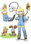  1boy absurdres ahoge backpack bag black_footwear blonde_hair blue_jumpsuit bunnelby chespin clemont_(pokemon) commentary_request computer eko000ohce glasses grass highres holding holding_poke_ball jumpsuit laptop long_sleeves male_focus mechanical_arms medium_hair on_head poke_ball poke_ball_(basic) pokemon pokemon_(anime) pokemon_(creature) pokemon_on_head pokemon_xy_(anime) round_eyewear shoes squinting standing white_bag 