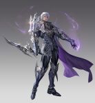  1boy absurdres armor armored_boots bangs black_gloves boots cape closed_mouth commentary dagger english_commentary full_body gloves gradient gradient_background grey_hair grey_shirt highres holding holding_dagger holding_weapon knee_boots knife lips looking_at_viewer official_art purple_cape r2_online shirt shoulder_armor solo standing taekwon_kim vambraces violet_eyes weapon 