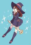  1girl artist_name asymmetrical_bangs bangs belt blue_background blue_dress blue_footwear blue_necktie blunt_bangs blunt_ends bolo_tie boots breasts brooch brown_eyes brown_hair collared_shirt dress hat hat_ribbon highres hood hood_down hooded_dress jewelry kagari_atsuko little_witch_academia long_hair looking_at_viewer midair necktie one_side_up open_mouth red_belt red_ribbon ribbon rioco round_teeth shiny_rod shirt short_dress short_eyebrows simple_background single_sidelock small_breasts smile solo sparkle swept_bangs tareme teeth upper_teeth wand white_shirt witch_hat 