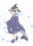  1girl alternate_costume black_hair blonde_hair blowhole blue_eyes blue_footwear blue_hair blush boots cetacean_tail commentary_request common_dolphin_(kemono_friends) dolphin_girl dorsal_fin full_body highres kemono_friends kuromitsu_(9633_kmfr) long_sleeves multicolored_hair rain_poncho rubber_boots sailor_collar short_hair smile solo 
