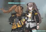  2girls artist_name bangs black_gloves black_legwear black_skirt blurry blurry_background brown_hair closed_mouth cowboy_shot dated expressionless fingerless_gloves girls_frontline gloves goggles goggles_on_head grey_hair hair_between_eyes hair_ornament health_bar highres hitting jacket long_hair looking_at_another metal_gear_(series) metal_gear_rising:_revengeance mod3_(girls&#039;_frontline) multiple_girls night_vision_device one_side_up open_clothes open_jacket pantyhose parody pleated_skirt sawkm scar scar_across_eye scar_on_face scene_reference shirt skirt twintails ump45_(girls&#039;_frontline) ump9_(girls&#039;_frontline) white_shirt yellow_eyes 