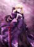  1girl absurdres artoria_pendragon_(fate) bangs black_bow black_dress blonde_hair bow breasts cameron_(pawoo) choker closed_mouth collarbone dress excalibur_(fate/stay_night) fate/stay_night fate_(series) hair_between_eyes hair_ornament hair_ribbon highres long_dress long_sleeves looking_at_viewer open_clothes open_dress ribbon saber saber_alter short_hair sidelocks small_breasts smile solo standing weapon yellow_eyes 