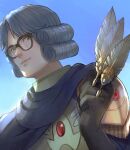  1boy avan_de_ginual_the_third b-saku between_fingers black-framed_eyewear black_gloves blue_background blue_cape brown_eyes cape closed_mouth commentary_request curly_hair dragon_quest dragon_quest_dai_no_daibouken emblem glasses gloves grey_hair hand_up highres holding male_focus short_hair sidelighting simple_background smile solo upper_body 