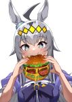  +_+ 1girl absurdres ahoge animal_ears bangs blue_eyes blush burger commentary eating food grey_hair hair_ornament highres holding holding_food horse_ears long_hair multicolored_hair oguri_cap_(umamusume) puffy_short_sleeves puffy_sleeves purple_shirt sailor_collar shirt short_sleeves simple_background solo umamusume upper_body white_background yamabuki7979 