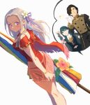  1boy 2girls ass black_hair blood blue_eyes blush breasts byleth_(fire_emblem) byleth_eisner_(female) cape casual_one-piece_swimsuit closed_mouth edelgard_von_hresvelg english_commentary fire_emblem fire_emblem:_three_houses fire_emblem_heroes garreg_mach_monastery_uniform green_little hair_ornament hair_ribbon hubert_von_vestra long_hair looking_at_viewer multiple_girls nosebleed official_alternate_costume one-piece_swimsuit red_cape red_swimsuit ribbon simple_background smile swimsuit thumbs_up uniform violet_eyes white_hair yuri 
