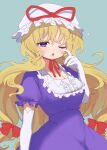  1girl bangs blonde_hair blue_background blush bow dress e_sdss elbow_gloves frills gloves hair_between_eyes hair_bow hand_up hat hat_bow highres long_hair looking_at_viewer mob_cap one_eye_closed open_mouth puffy_short_sleeves puffy_sleeves purple_dress red_bow shirt short_sleeves simple_background solo standing touhou violet_eyes white_gloves white_headwear white_shirt yakumo_yukari 
