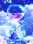  absurdres artist_name blue_sky blurry blurry_background bubble clouds cloudy_sky falling_petals fish floating flower highres hourglass hydrokinesis makoron117117 original petals scenery signature sky water water_drop whale 