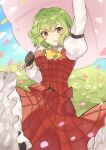  1girl arm_up ascot bangs belt black_belt blue_sky breasts brown_gloves buttons clouds cloudy_sky collared_shirt commentary_request flower frills gloves grass green_hair hair_between_eyes hands_up highres holding holding_umbrella juliet_sleeves kazami_yuuka long_sleeves looking_to_the_side medium_breasts one-hour_drawing_challenge open_mouth pantyhose petals pink_flower plaid plaid_skirt plaid_vest puffy_long_sleeves puffy_sleeves red_eyes red_skirt red_vest rin_(yukameiko) shirt short_hair skirt sky smile solo standing touhou umbrella vest white_flower white_shirt yellow_ascot 