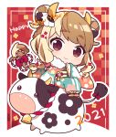  1girl 2021 bangs bell blonde_hair blush bow braid brown_eyes brown_hair chibi chinese_knot chinese_zodiac cow double_bun english_text floral_print fur_collar hair_bow hair_bun hair_ornament hairclip hand_up happy_new_year horns japanese_clothes kimono koguma105 lace_trim long_hair long_sleeves looking_at_viewer multicolored_hair neck_bell new_year obi on_animal original rope sash sidesaddle sitting smile solo tail tail_bow tail_ornament twin_braids two-tone_hair wide_sleeves year_of_the_ox 