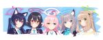  5girls absurdres ahoge animal_ear_fluff animal_ears ayane_(blue_archive) azumi_akitake bangs black_hair blue_archive blue_eyes blue_necktie blush breasts brown_eyes cat_ears closed_mouth collared_shirt cross_hair_ornament earrings extra_ears flower glasses green_eyes grey_hair hair_between_eyes hair_bun hair_flower hair_ornament hairclip halo heterochromia highres hoshino_(blue_archive) jewelry light_brown_hair long_hair looking_at_viewer mismatched_pupils multiple_girls necktie nonomi_(blue_archive) pink_hair pointy_ears red-framed_eyewear red_eyes school_uniform serika_(blue_archive) shiroko_(blue_archive) shirt short_hair single_hair_bun single_side_bun smile twintails yellow_eyes 