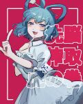  1girl blue_dress blue_hair blush chisel cowboy_shot dress finger_to_mouth frills hair_ornament hair_rings hair_stick highres index_finger_raised kaku_seiga mushiao open_mouth red_background short_sleeves smile solo touhou violet_eyes 