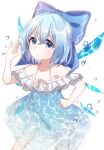  1girl ametama_(runarunaruta5656) blue_bow blue_dress blue_eyes blue_hair bow cirno dress highres ice ice_wings looking_at_viewer short_hair solo touhou wings 