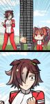  2girls absurdres animal_ears brick chibi clenched_hands commentary_request daiwa_scarlet_(umamusume) hair_over_one_eye highres horse_ears horse_girl jacket kaiga_zx long_hair multiple_girls pants red_eyes short_hair sky the_hand_(stand) track_jacket training umamusume vodka_(umamusume) 