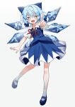  +_+ 1girl absurdres blue_dress blue_eyes blue_hair blush bow cirno dress foreshortening full_body hair_bow highres ice ice_wings pointing short_hair simple_background smile solo suikario touhou white_background wings 