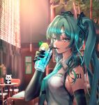  1girl breasts elbow_gloves gloves hair_ornament hatsune_miku highres long_hair looking_at_viewer necktie pan_da425 sideboob twintails very_long_hair vocaloid 