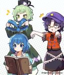  !? 3girls ? beret black_hair black_headwear black_skirt blue_eyes blue_hair blue_headwear blush book bow cabbie_hat dress eighth_note ghost_tail green_eyes green_hair hair_ornament hair_rings hair_stick hat hat_ornament highres holding holding_book howhow_notei jiangshi kaku_seiga lace-trimmed_sleeves lace_trim miyako_yoshika motion_lines multiple_girls musical_note neck_ribbon ofuda open_book open_mouth outstretched_arms patterned_background polka_dot purple_headwear reading red_shirt ribbon shirt short_hair short_sleeves skirt soga_no_tojiko star_(symbol) star_hat_ornament touhou unmoving_pattern wide_sleeves zombie_pose 