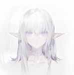  1girl bangs closed_mouth collar commentary grey_eyes grey_hair hair_between_eyes long_hair looking_at_viewer original pale_skin pointy_ears simple_background solo white_background yyb 