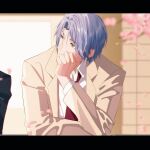  1boy blue_eyes blue_hair cherry_blossoms dhfz181 hasegawa_langa long_sleeves looking_to_the_side male_focus medium_hair necktie red_necktie school_uniform sk8_the_infinity 