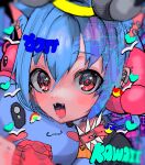  1girl absurdres animal_ears blue_hair blush cat_ears cat_girl collar fangs halo highres looking_at_viewer momae_makku object_hug open_mouth original pink_eyes short_hair smile solo stuffed_animal stuffed_toy 