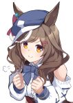  1girl :&gt; =3 absurdres animal_ears bangs bare_shoulders blush brown_hair buttons cabbie_hat center_frills clenched_hands clothing_cutout frills hair_ornament hairclip hat highres horse_ears long_hair long_sleeves looking_at_viewer matikane_tannhauser_(umamusume) multicolored_hair shirt shoulder_cutout simple_background smile solo streaked_hair umamusume upper_body v-shaped_eyebrows white_background white_shirt yamabuki7979 yellow_eyes 
