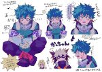  3boys absurdres arrow_(symbol) bakugou_katsuki blonde_hair blush bodysuit boku_no_hero_academia closed_mouth commentary_request freckles frown gloves green_bodysuit green_eyes green_hair highres holding holding_notebook indian_style looking_at_another looking_down looking_up male_focus midoriya_izuku multiple_boys multiple_views musical_note negoto_(n510x) notebook open_mouth red_eyes sad short_hair sitting smile spiky_hair translation_request white_gloves writing yagi_toshinori 