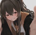  1girl black_jacket black_ribbon blush brown_eyes brown_hair girls_frontline grey_background grin highres jaaku_(ra_9rara) jacket long_hair looking_at_viewer neck_ribbon ribbon scar scar_across_eye shirt simple_background smile solo ump45_(girls&#039;_frontline) upper_body white_shirt 