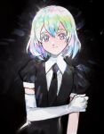  1other 203wolves blush closed_mouth colored_eyelashes diamond_(houseki_no_kuni) elbow_gloves gem_uniform_(houseki_no_kuni) gloves green_hair houseki_no_kuni medium_hair multicolored_hair necktie puffy_sleeves smile solo upper_body white_gloves 