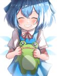  1girl 380u0 absurdres bangs blue_dress blue_hair cirno closed_eyes collared_shirt dress facing_viewer frog grin highres holding ice ice_wings pinafore_dress shirt short_hair short_sleeves simple_background smile solo touhou upper_body white_background white_shirt wings 