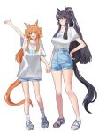  2girls absurdres alternate_costume animal_ears arm_up bandaid bandaid_on_face bandaid_on_nose bangs bare_legs black_hair blue_shorts blush breasts full_body hand_on_hip highres holding_hands horse_ears horse_girl horse_tail large_breasts long_hair looking_at_viewer mayano_top_gun_(umamusume) multiple_girls narita_brian_(umamusume) open_mouth orange_eyes orange_hair oversized_clothes oversized_shirt ponytail sandals shirt shirt_tucked_in shoes short_sleeves shorts simple_background small_breasts smile sneakers socks solo standing tail two_side_up umamusume unneul white_background white_shirt 