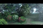  absurdres artist_name bush commentary_request fence flower hakuurei_amano highres letterboxed no_humans original outdoors scenery signature tree watermark 